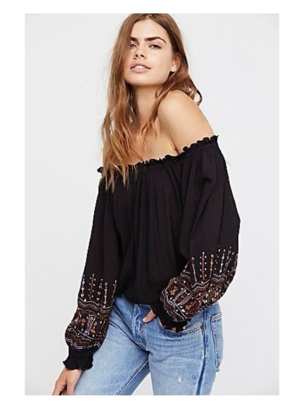 Free People Intimately Ella Bodysuit XS Black Embroidery Off Shoulder Whimsigoth